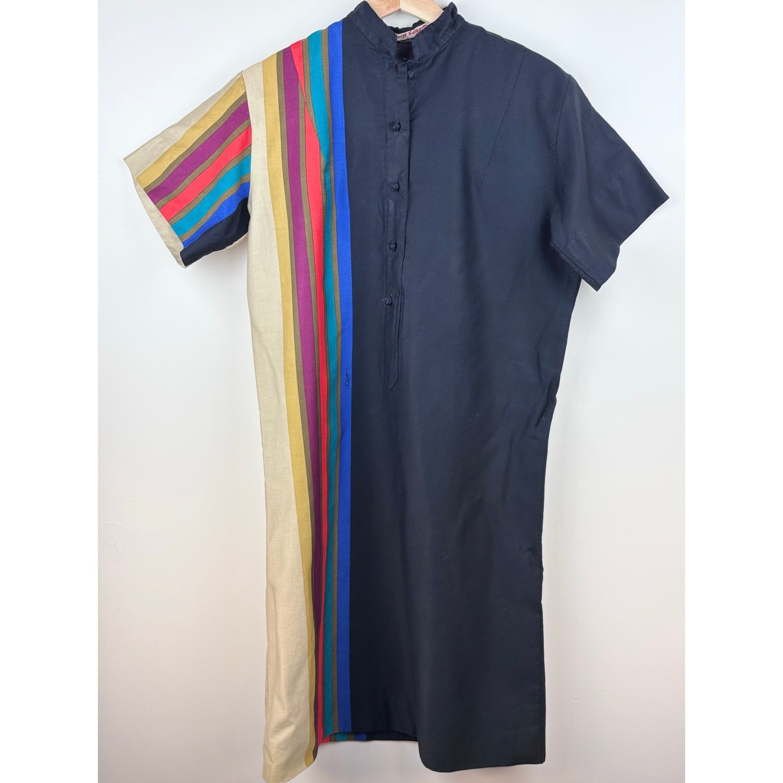 Katherine Ogust Penthouse Gallery Vintage Color Block Stripe Dress Black 70s