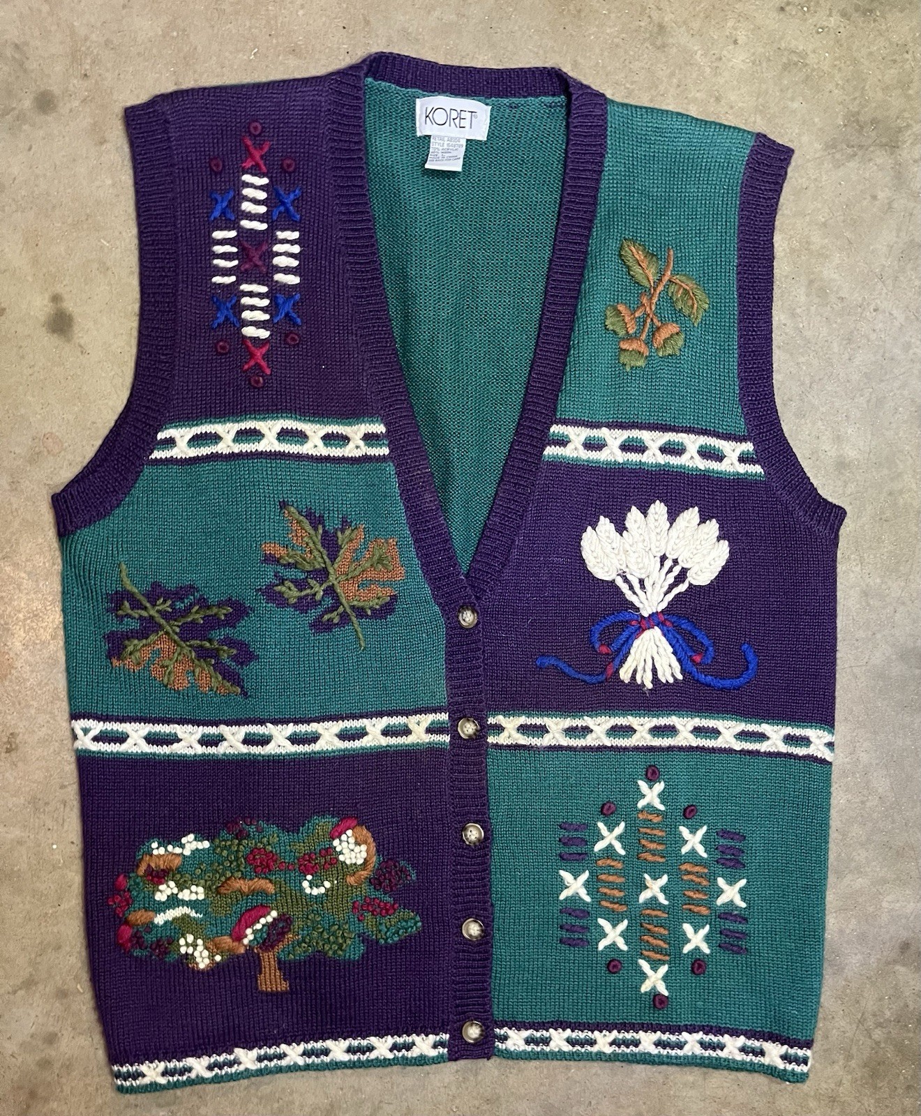 VTG Koret Fall Sweater Vest Acorns Tree Wheat Cottagecore L Green Cream Purple