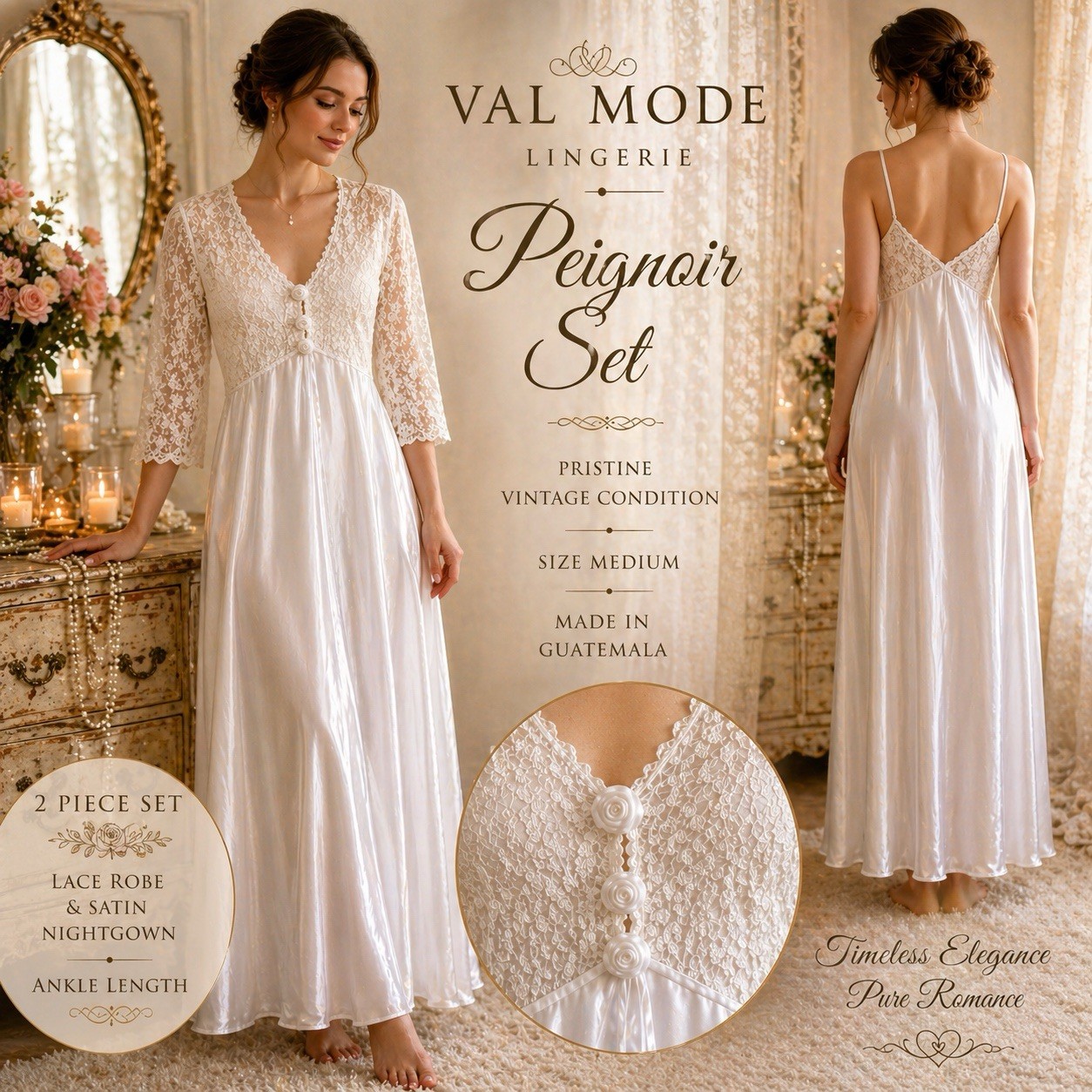 Vtg Val Mode Peignoir Set White Bridal Lace Satin Robe & Gown Pristine Medium