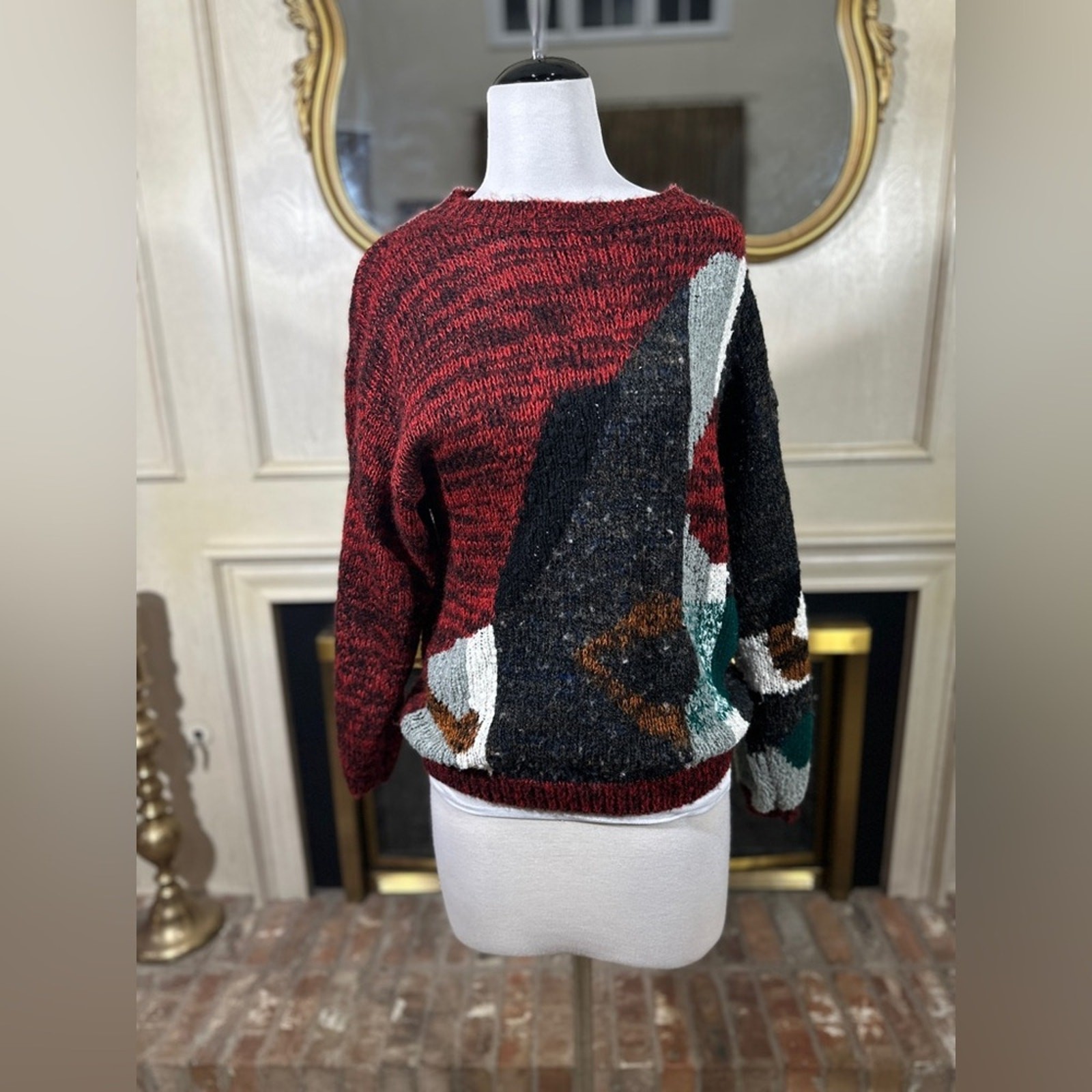Western Connection Vintage Abstract Knit Sweater Red Black Multi Medium