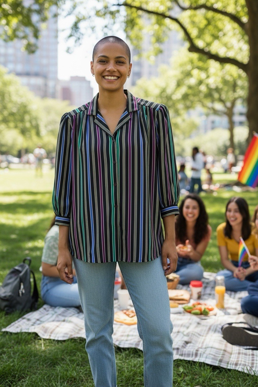 70s 80s Multicolor Striped Shirt Women’s XL-1X Vintage Power Dressing Playful