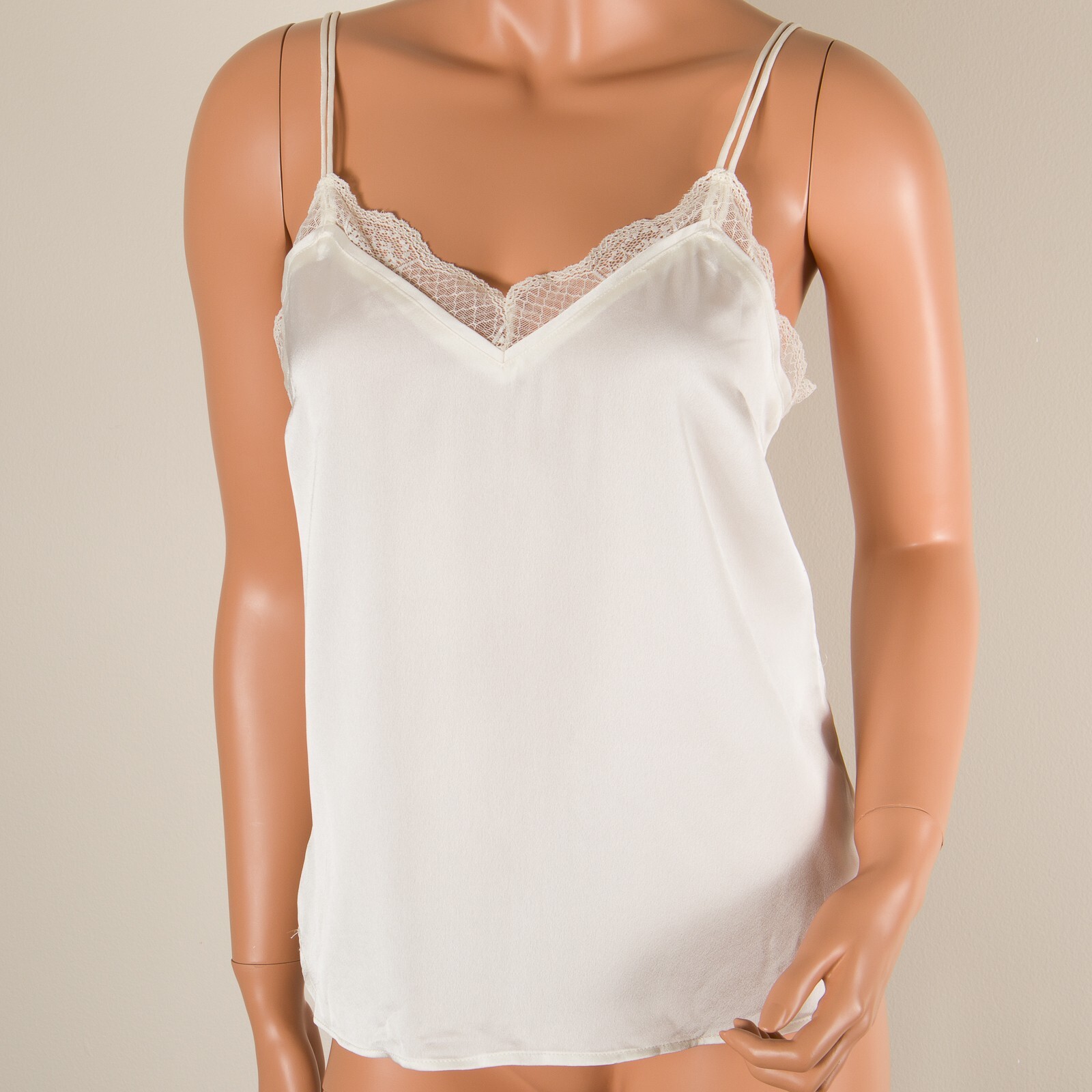 💖ABERCROMBIE FITCH Ivory Cami Tank Top Silky Spaghetti Strap Button Lace Trim S