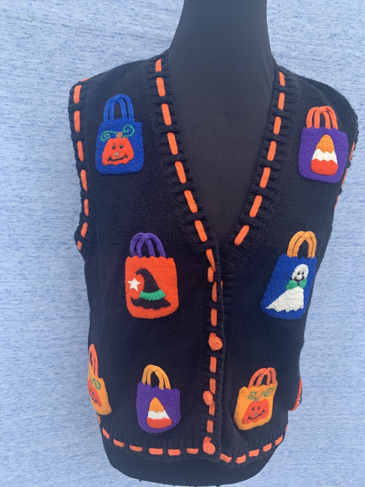 MANDAL BAY Trick Or Treat Bag Candy Bag Black Cat Sweater Vest Size S ❤️sj17j17