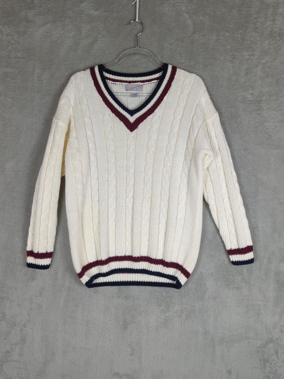 Vintage Cricket Varsity Tennis Sweater Cable Knit V Neck Womens L Preppy