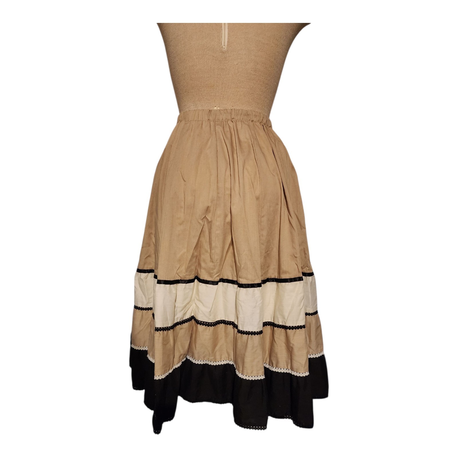 Vintage 70’s Carefree Fashions Tan/Beige Black Cream Maxi Skirt Size S/M