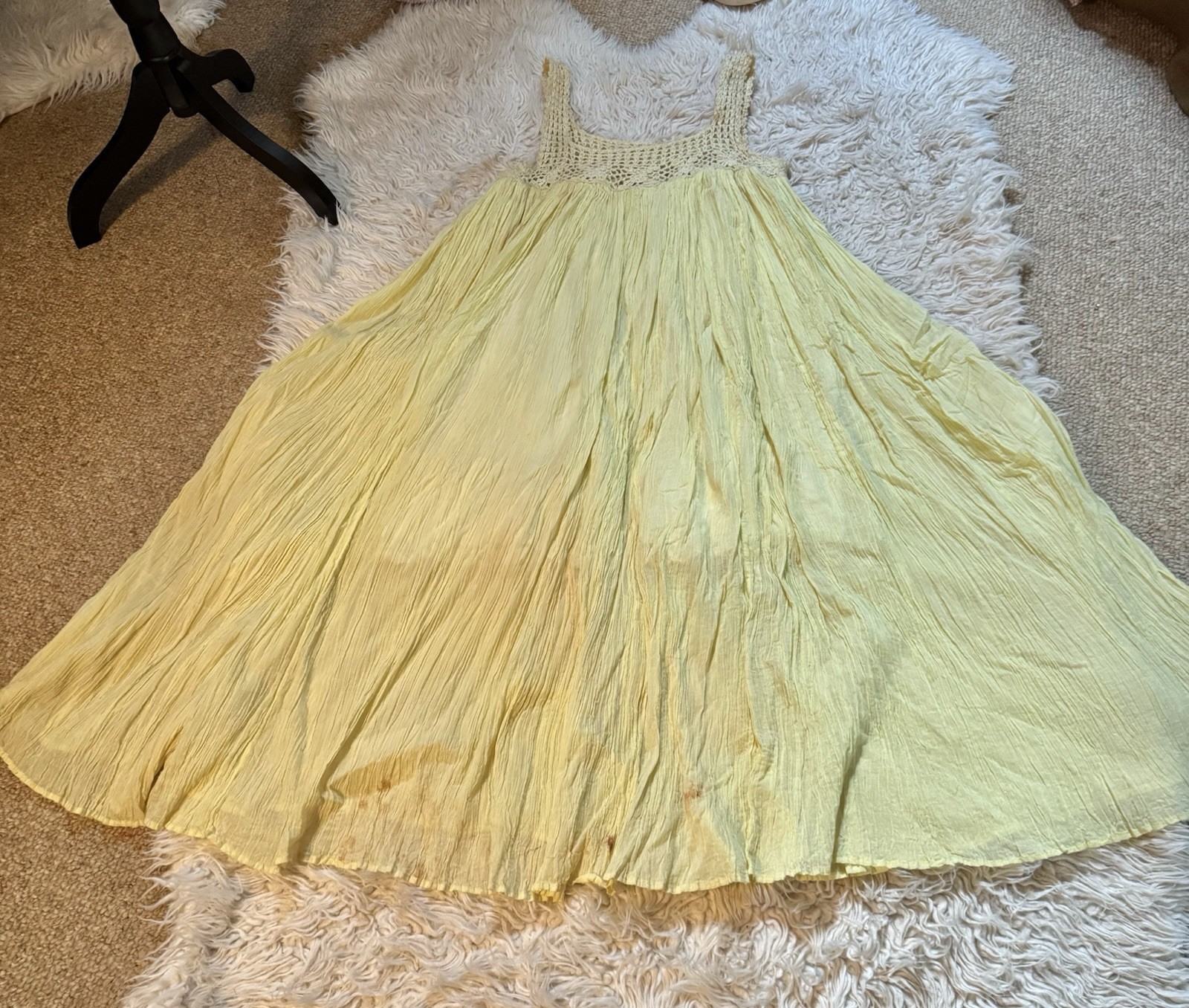 Vtg India Yellow Cotton Crochet Mesh Gauze Tent Maxi Dress Full Sweep Open Size
