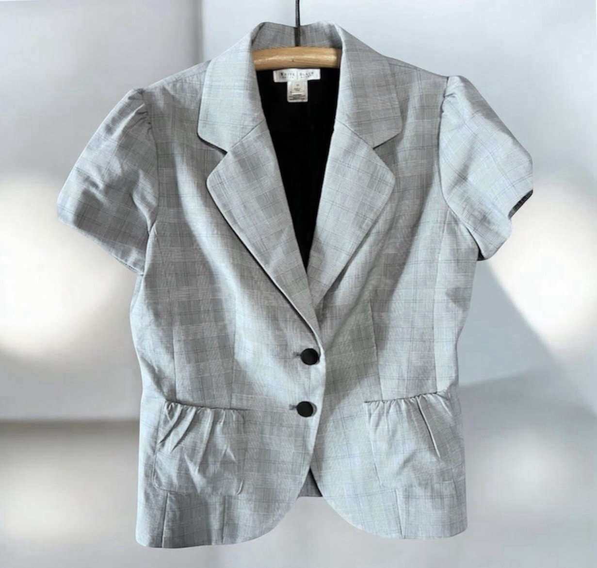 White House Black Market Herringbone Blazer Dove Gray Short Sleeve Jacket Sz 12