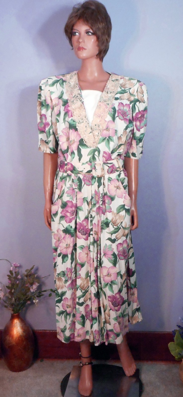 Late ‘80s S.L. Fashions Cottagecore Apple Blossoms Dress Big Shoulder Pads, 12M