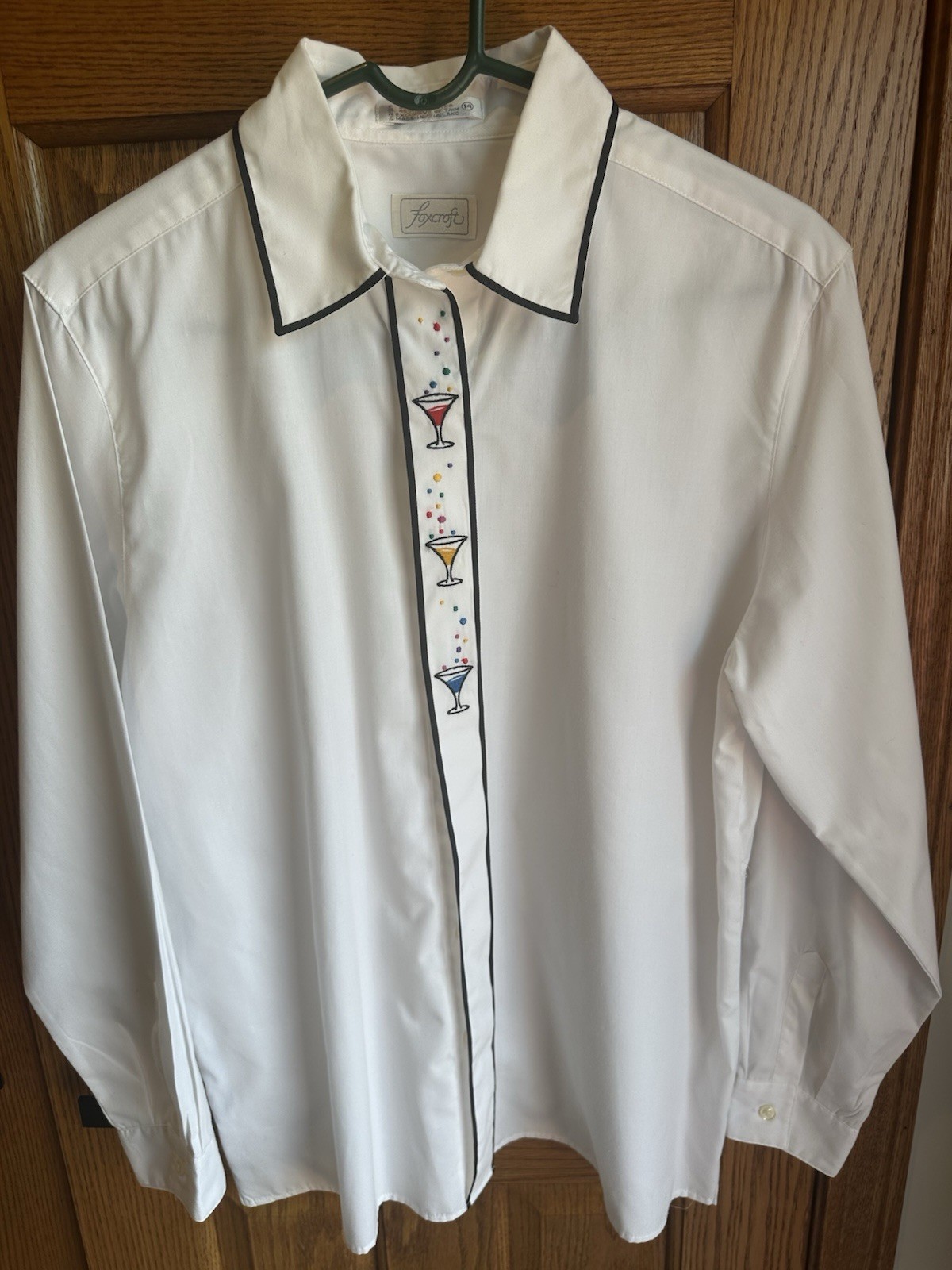 Vintage Foxcroft LS Button Up Blouse Embroidered Cocktail Martini Shirt Sz 14
