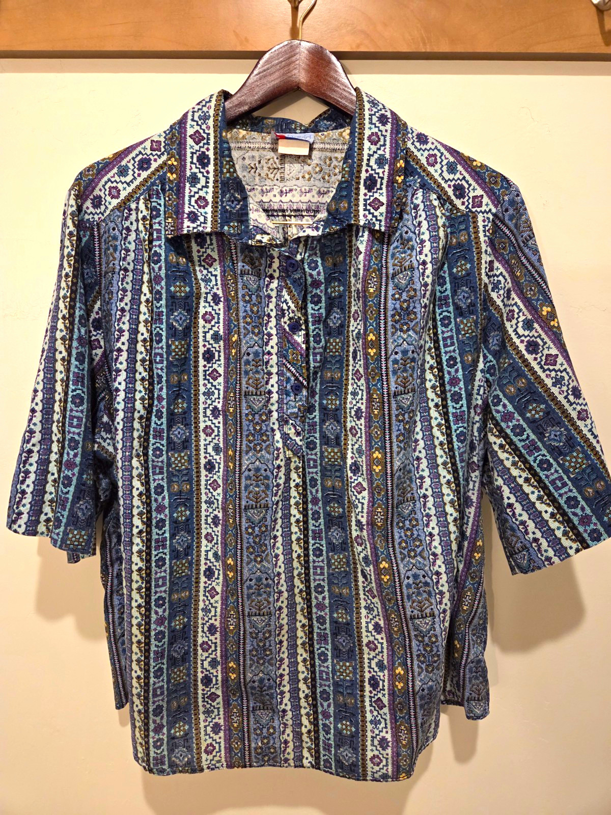 Vintage David Peer Women’s Geometric Stripe Short Sleeve Button Blouse USA