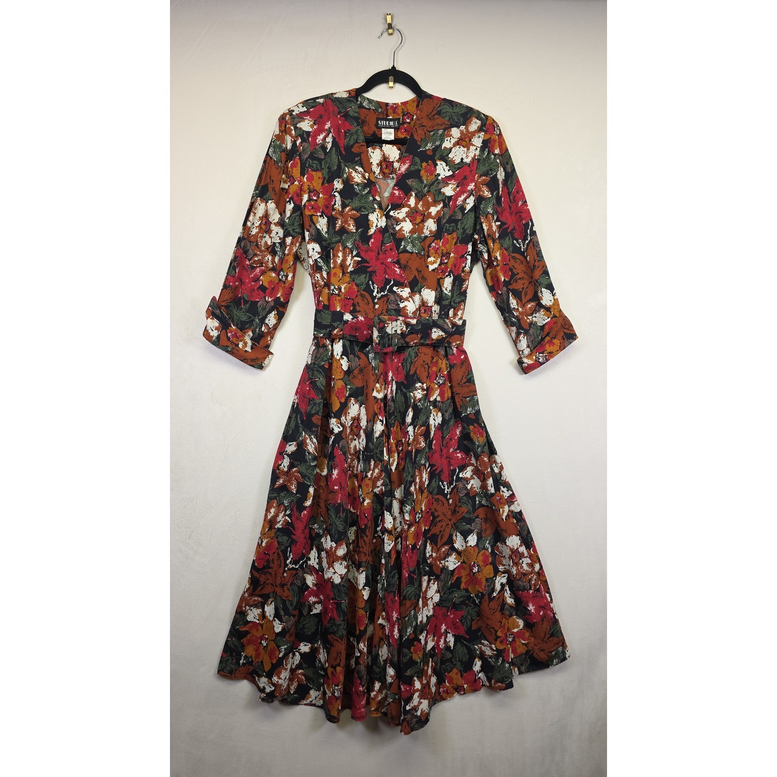 VTG Studio I Maxi Dress Womens 12 Black Floral Cottagecore Boho Retro Fall Cozy