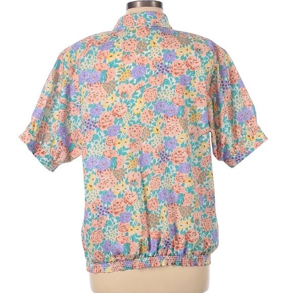 Vintage Loubella Women’s Size 12 Popover Blouse Purple Teal Floral Half Button