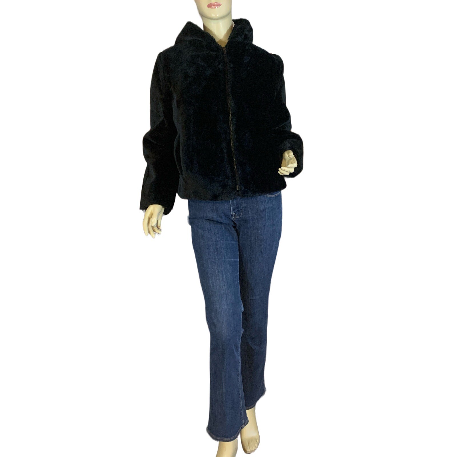 VINTAGE 1980’S BLACK FAUX FUR GLENOIT HOODED SHORT COAT SIZE 10