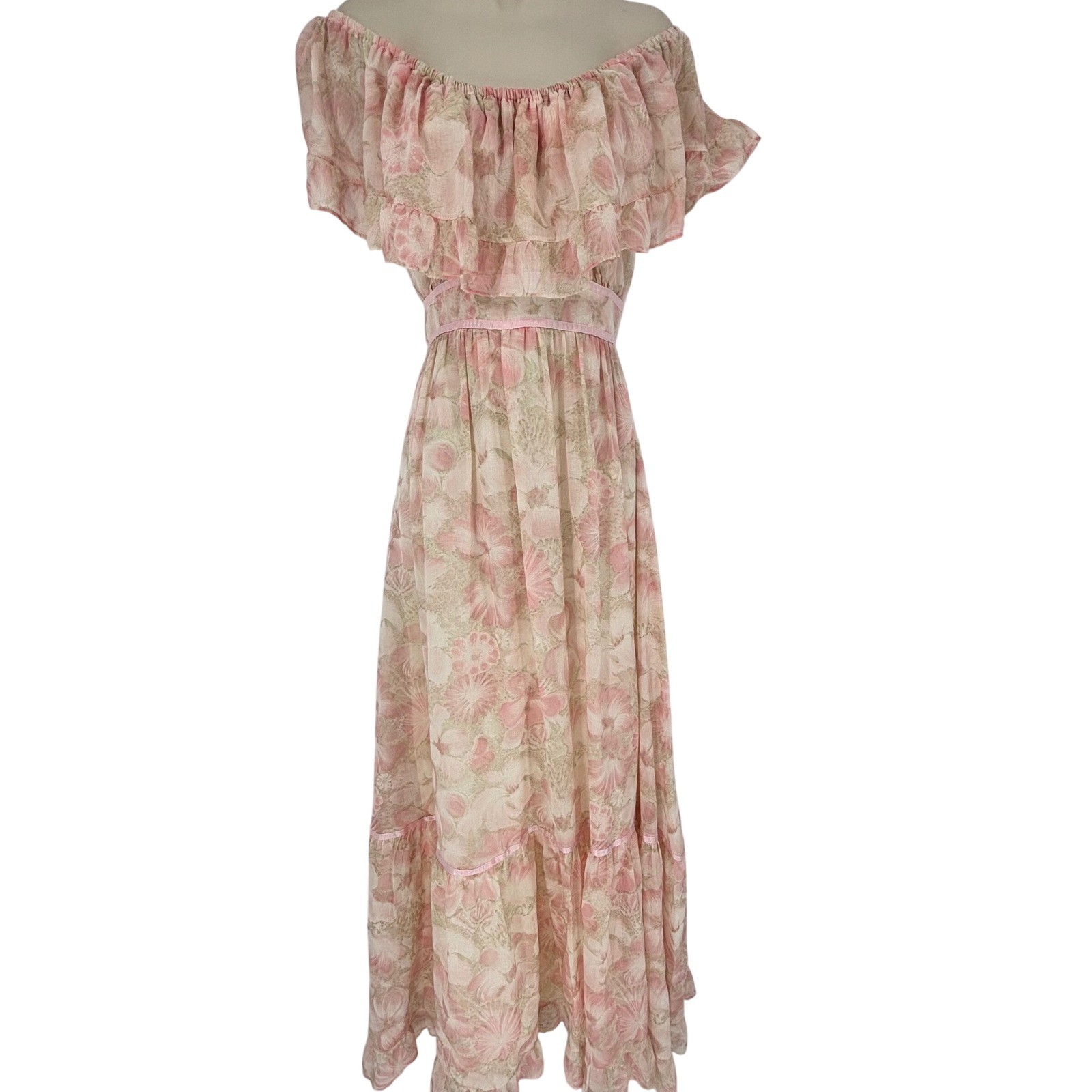Vintage Candi Jones California Pink Floral Off Shoulder Ruffle Maxi Dress 70s