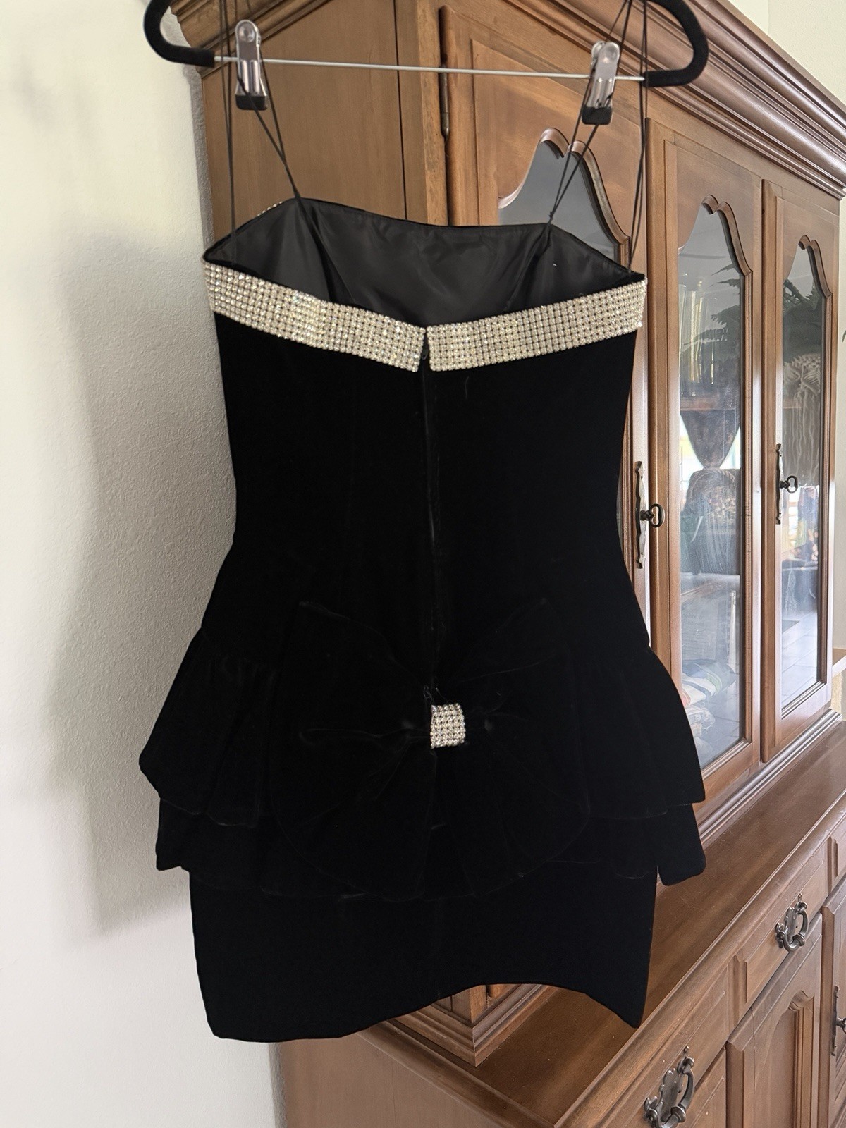 Women’s Vtg Strapless Black Velvet Dress Big Bow Rhinestones Size XS 80’s 90’s