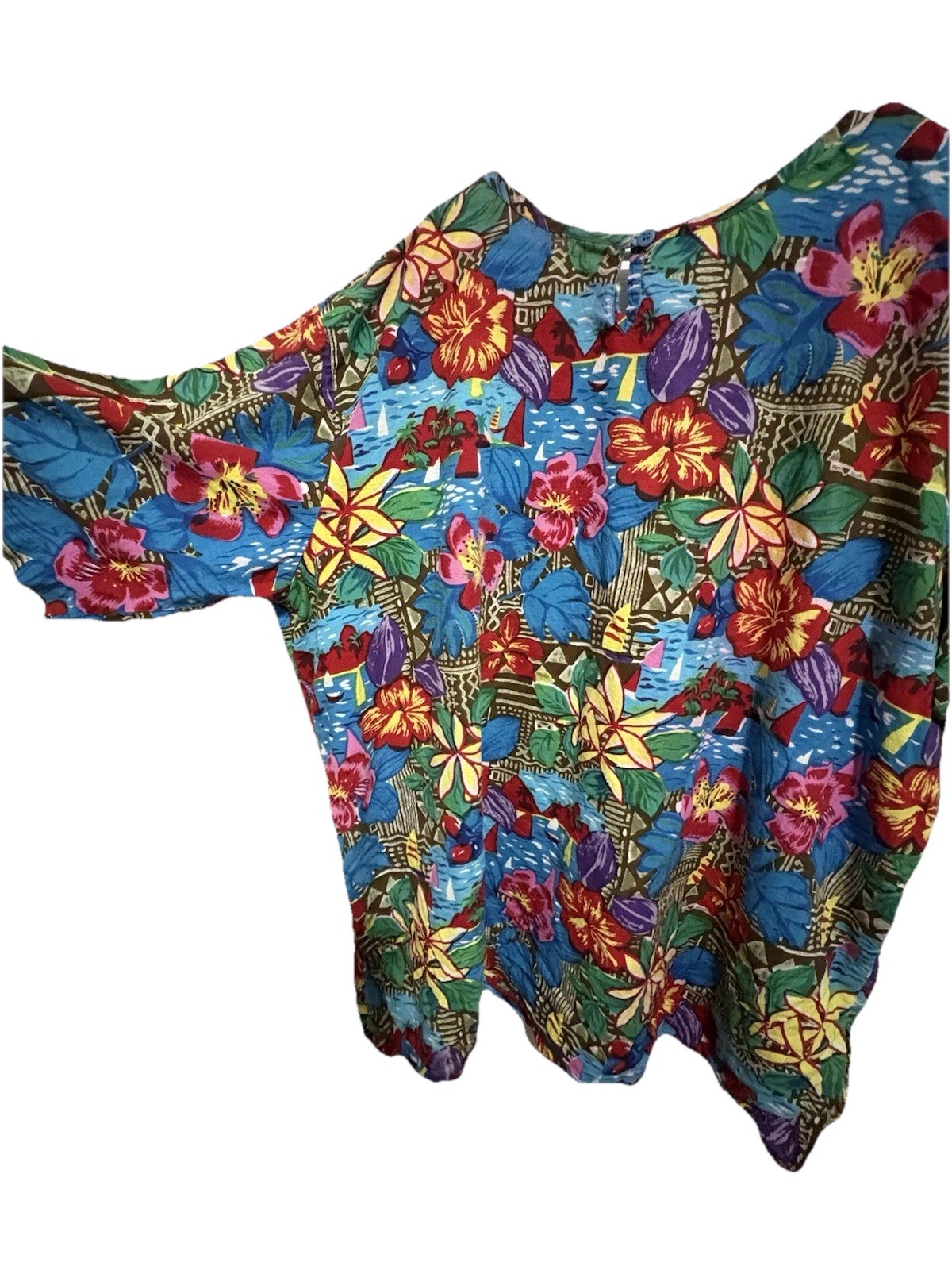 Vintage Roamans Beaded Blouse Size 2XL Gold Beads Bright Flowers Keyhole Back