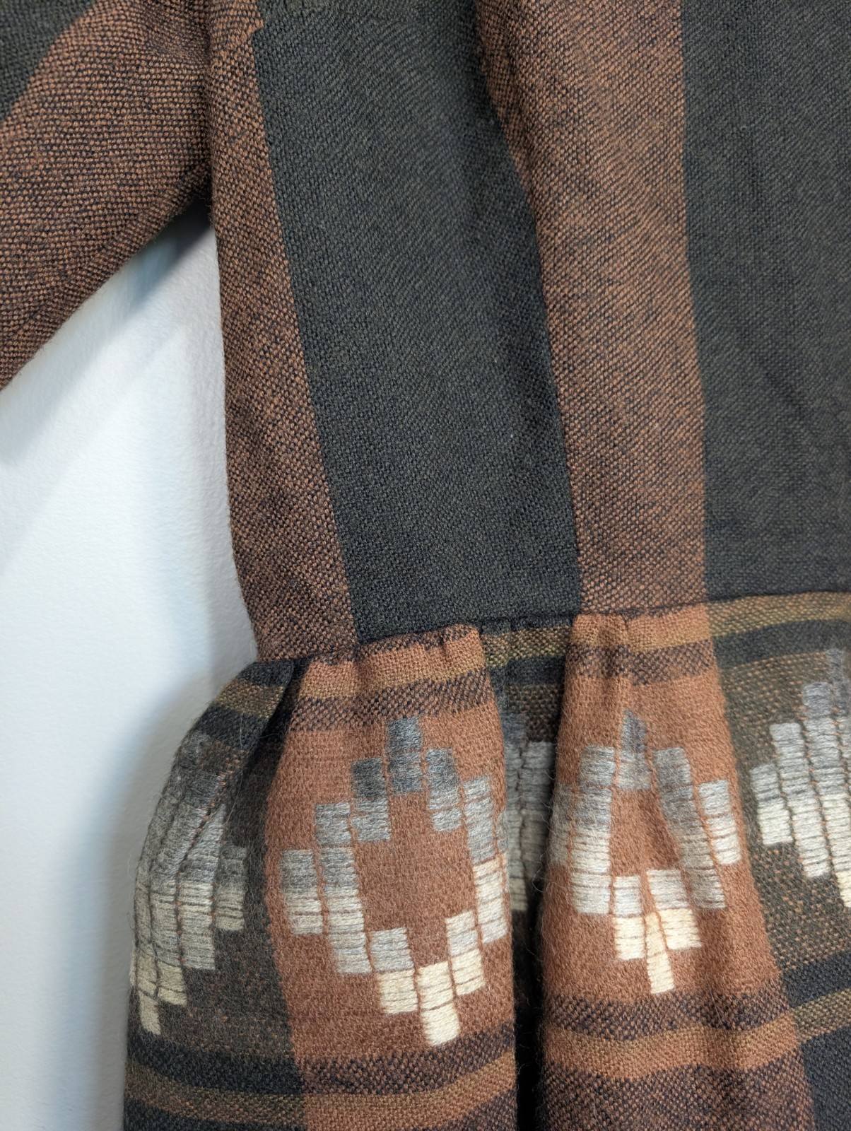 Vintage Southwestern Wool Blend Midi Dress Brown Grey Striped Geometric Waist