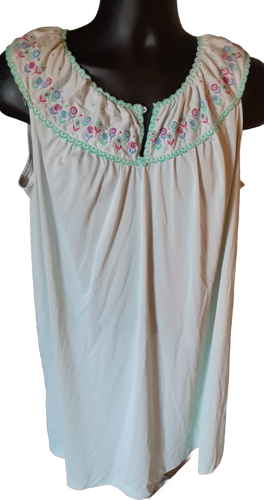 Vintage Komar Nightgown Large Nylon Teal Embroidered Floral Loungewear (READ)
