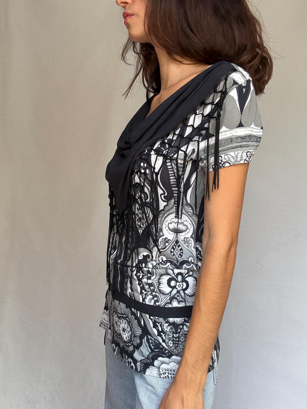 Desigual black white gray patterned blouse, cotton feel, relaxed fit, fringed sc