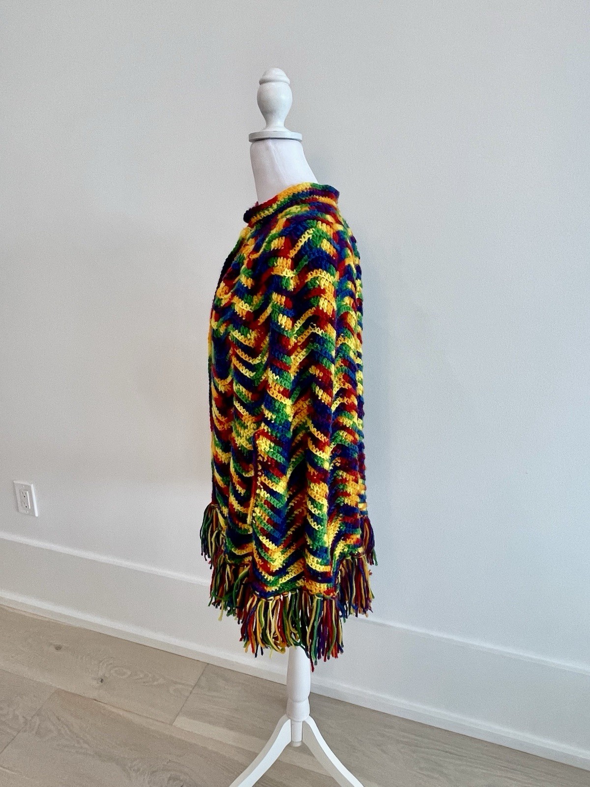 Vintage Handmade Crochet Poncho BOHO Fringe Button Up Festival Hippie OS Color