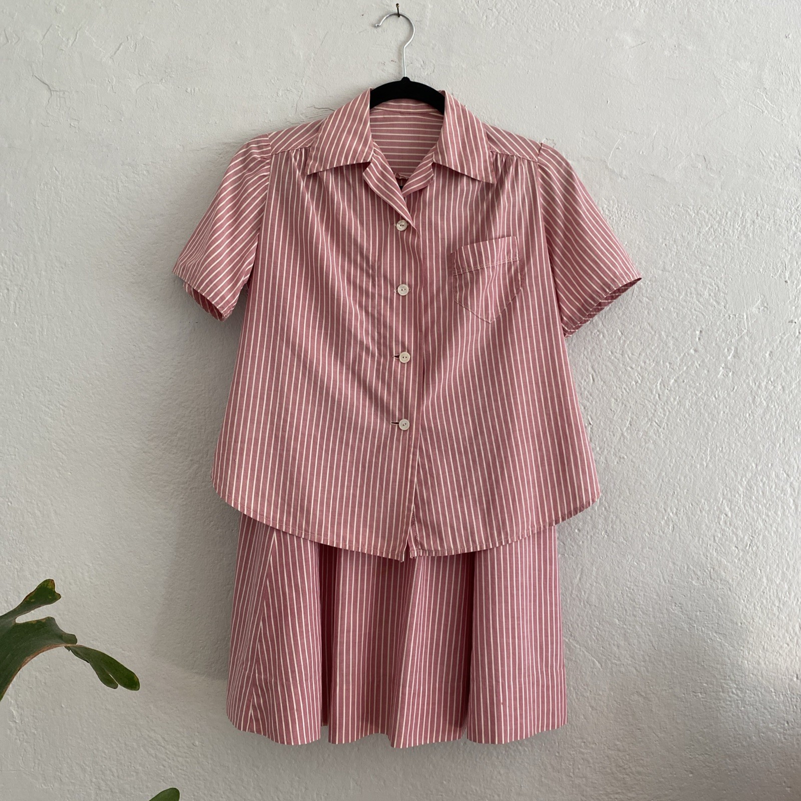 Vintage 30s Pink Striped Cotton Puff Sleeve Top Skirt Uniform Workwear Set XS S