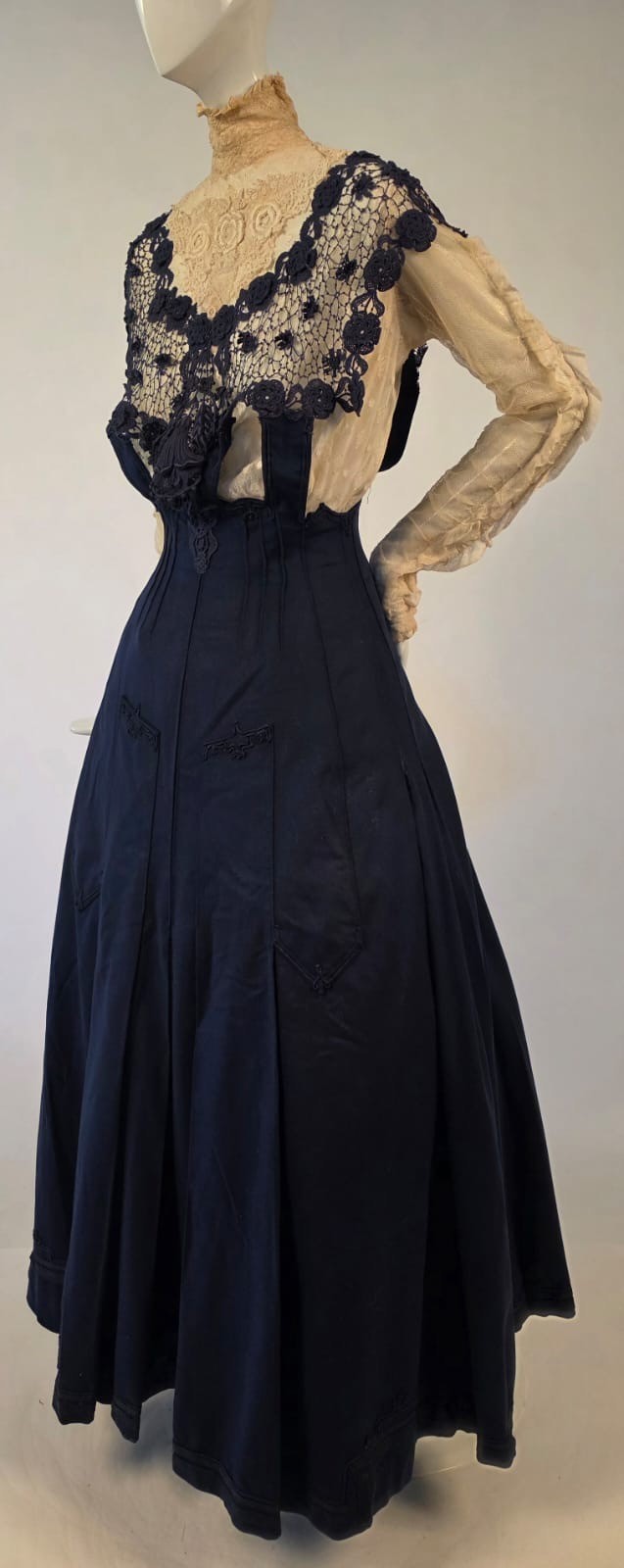 EDWARDIAN BLUE CASHMERE + LACE DRESS W RUCHED IVORY NET SLEEVES