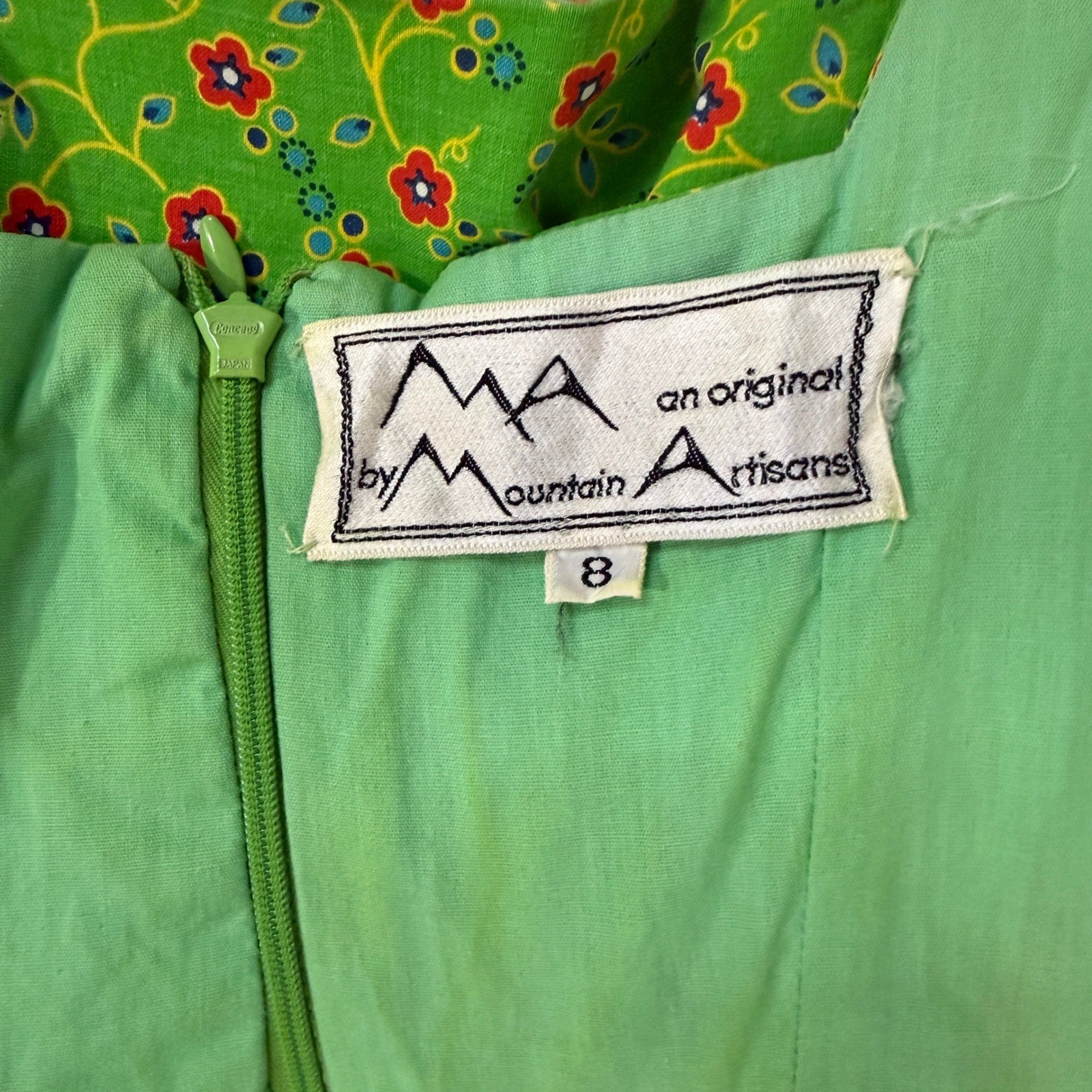 Vtg Mountain Artisans Patchwork Maxi Hippie Dress Floral Boho Green Pink Size 8