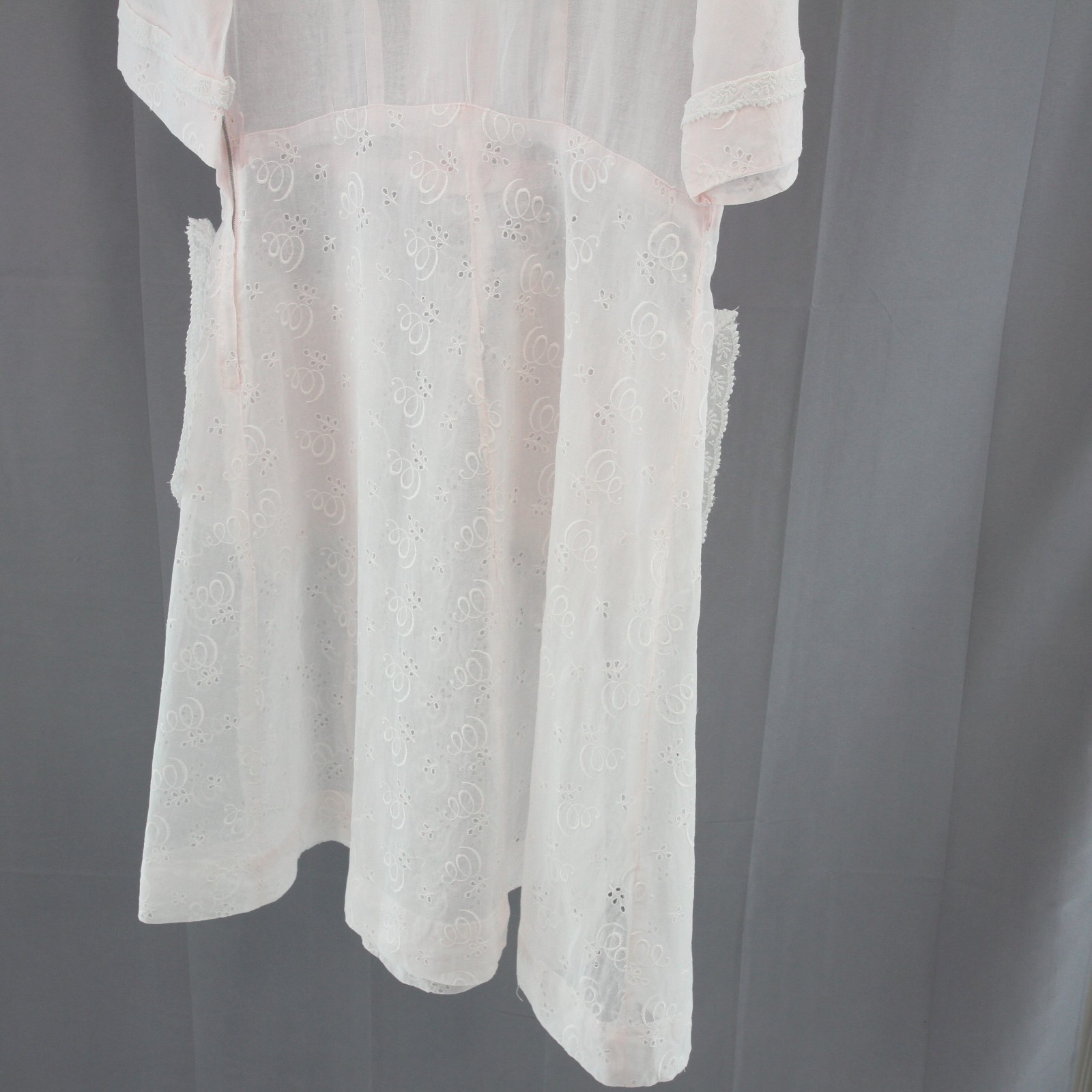 Vintage 1940s-50s Pink Organdy Embroidered Dress Lace Trim Hand Sewn Hem