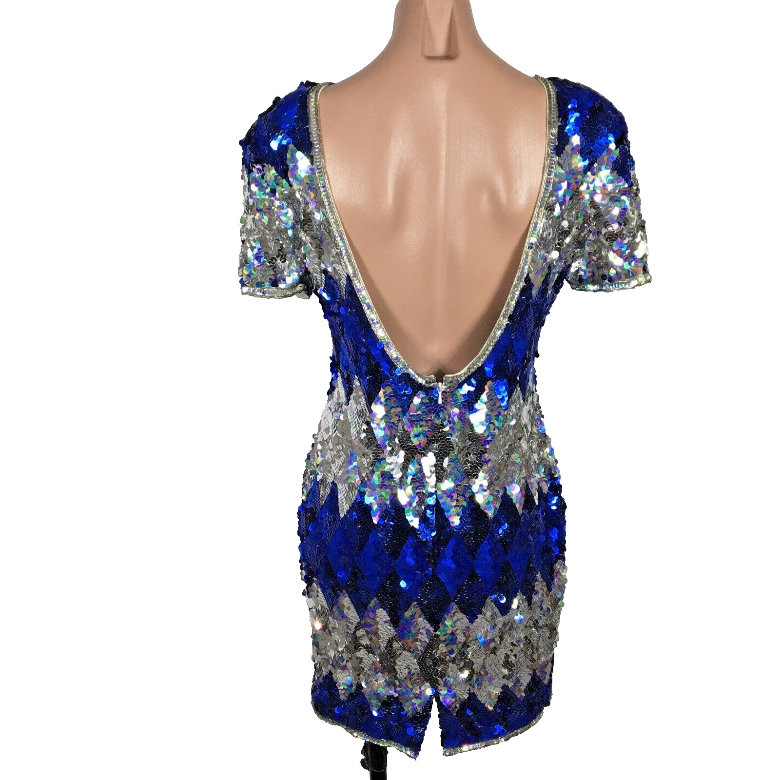 Vintage Iridescent Sequin Low Open Back Party Dress Mini Beaded – Size M