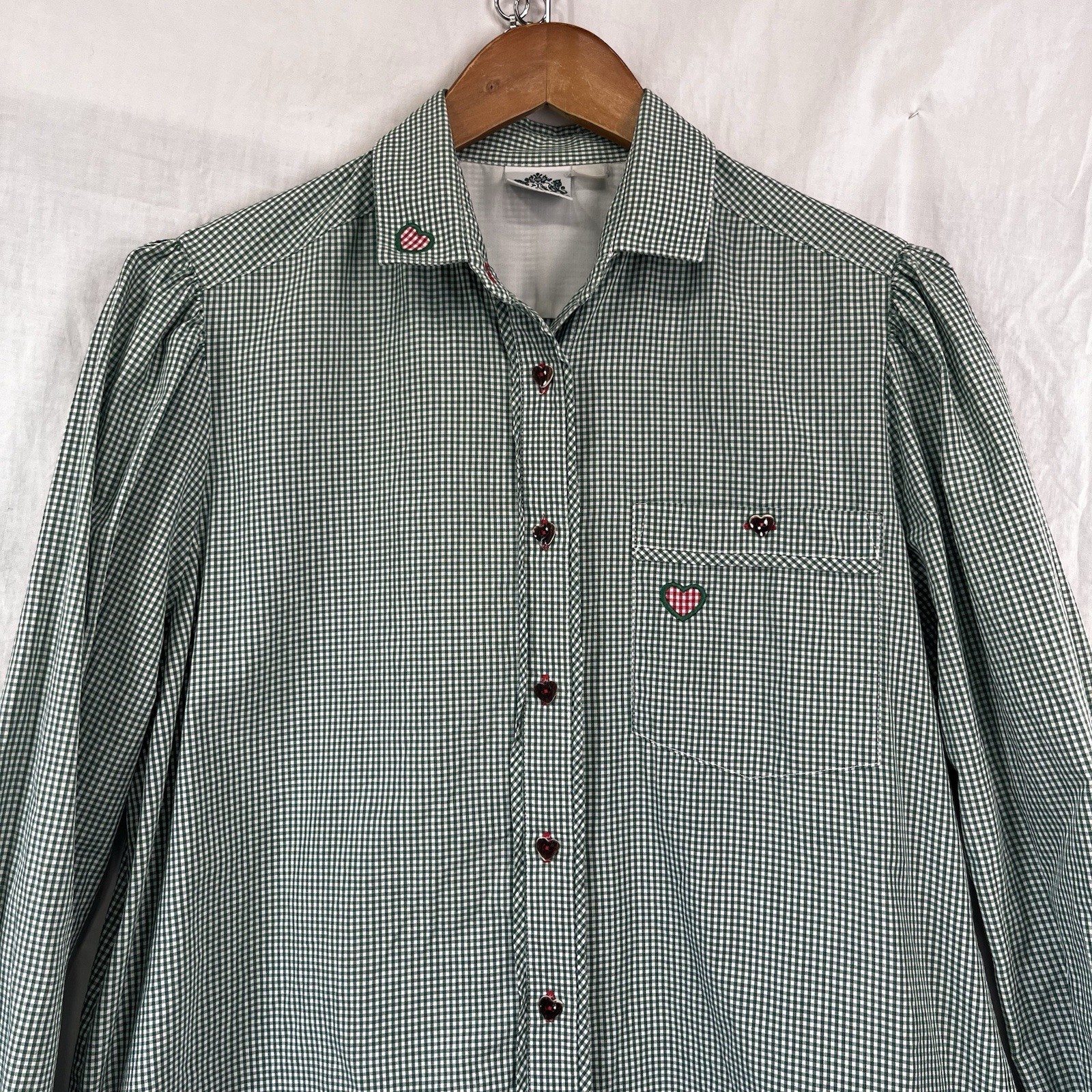 Hammerschmid Vintage Gingham Shirt Women Medium German Cotton Blouse Hearts Cute
