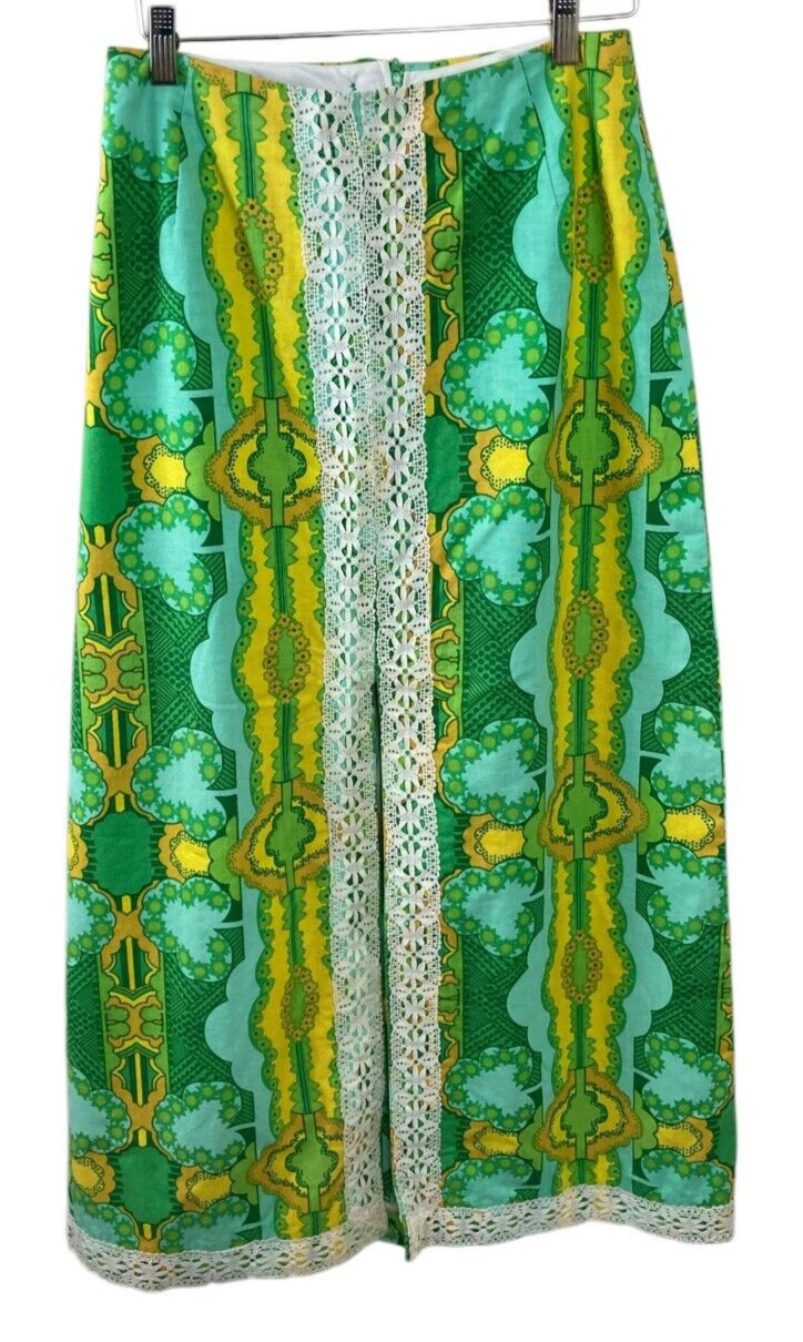 Vintage Meadowbank Green Yellow Lace Trim Maxi Skirt Size 14 Retro Palm Beach
