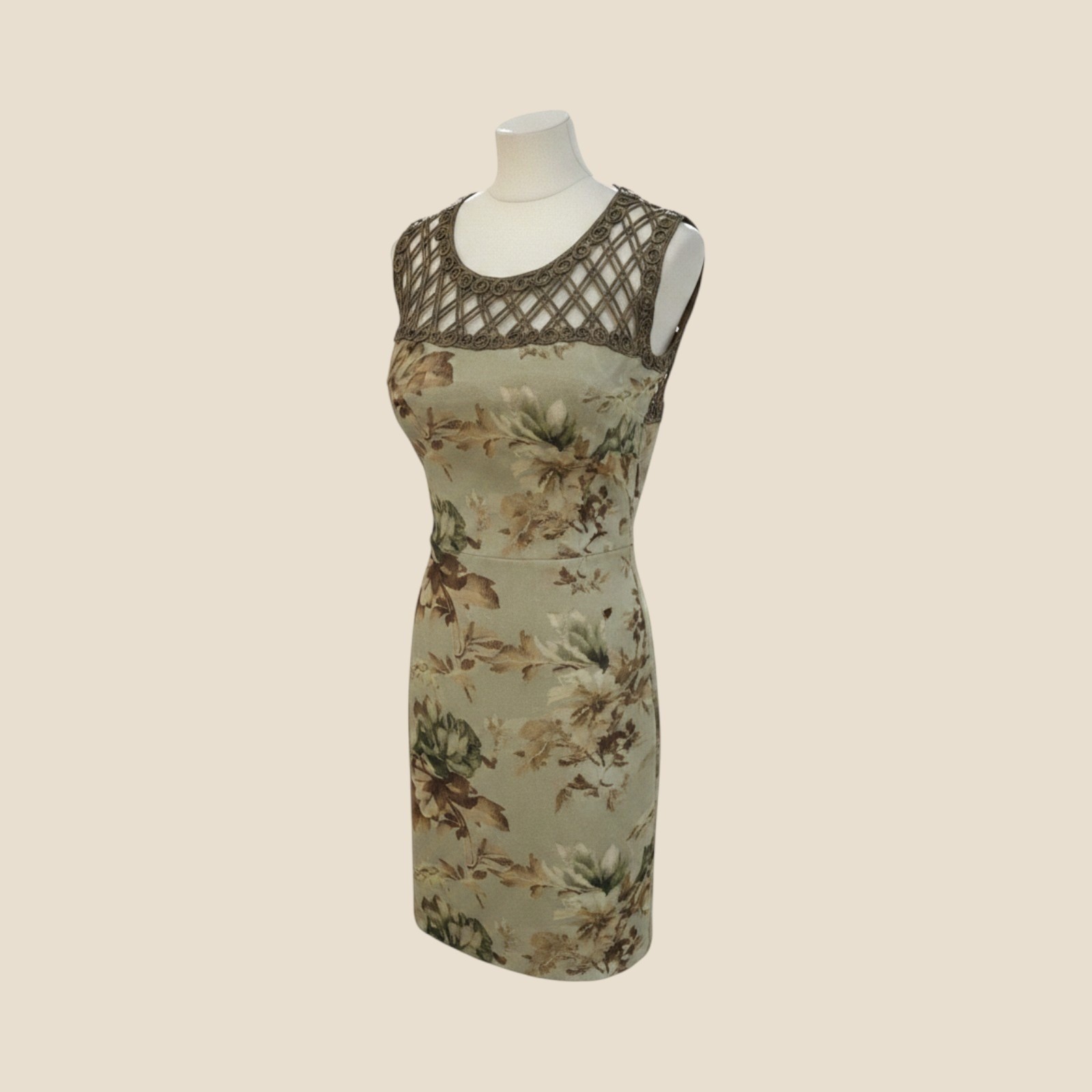 Vintage Casadei Dress Floral Macrame Back Asymmetrical Hem Green Brown Large