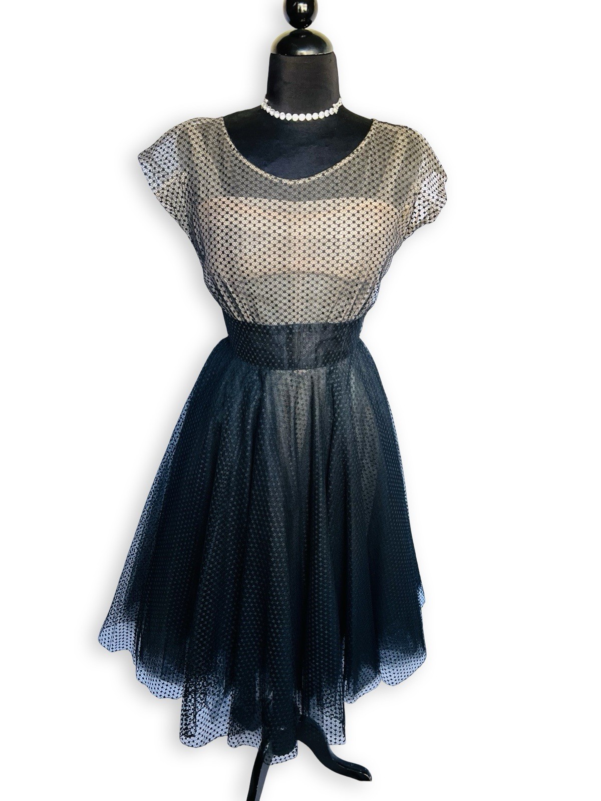 Vintage Nettie Rosenstein Bonwit Teller 1950s Nude Illusion Black Tulle Dress