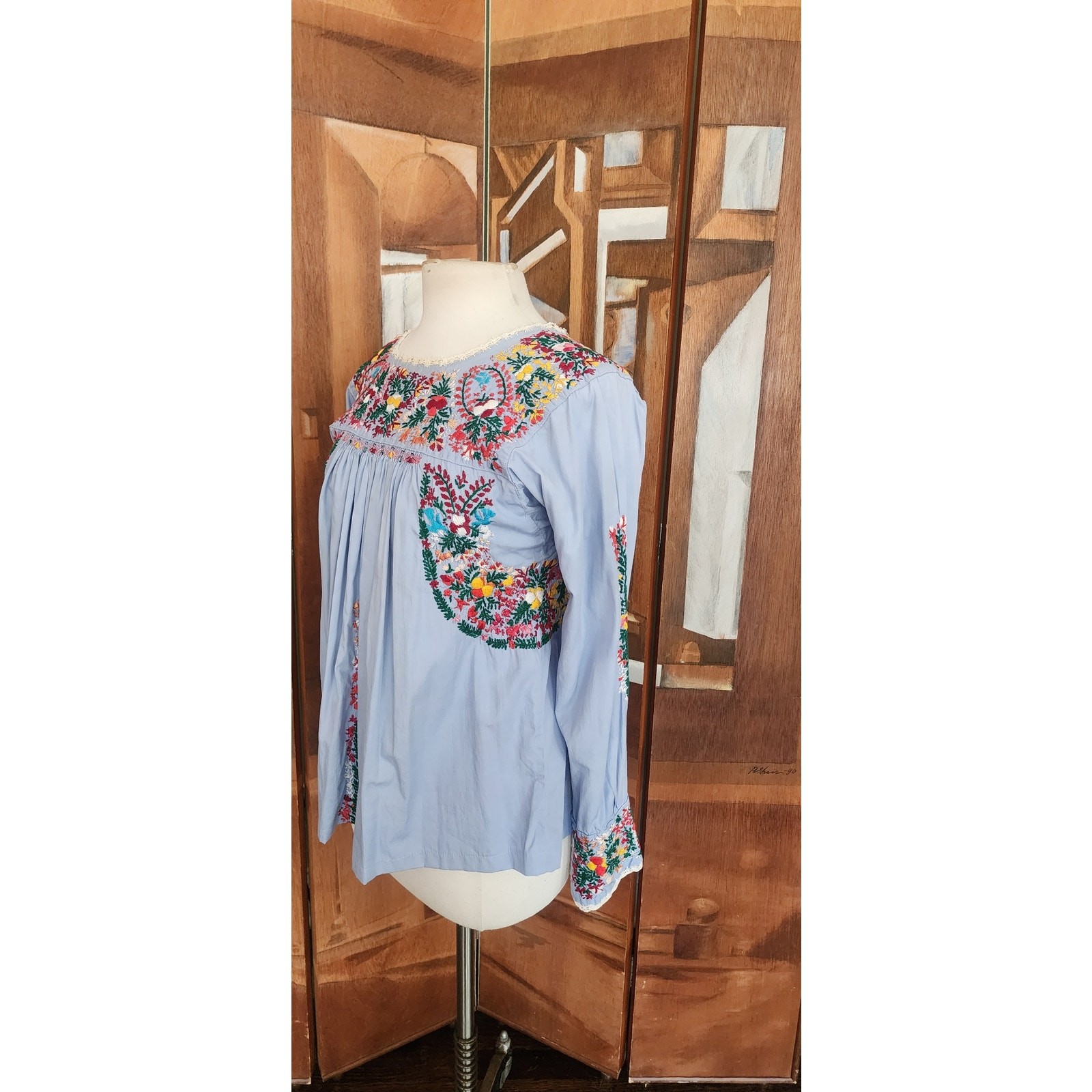 Vintage 1970s Oaxaca Mexico Shirt Peasant Blouse Embroidered Folk Art