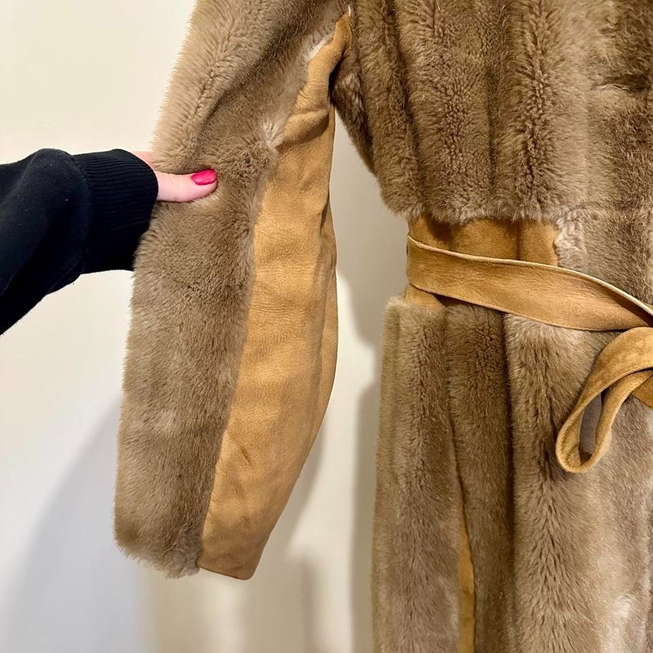 Vintage Faux Fur Coat Brown Genuine Suede Trim Belted Maxi Jacket AU 10-12