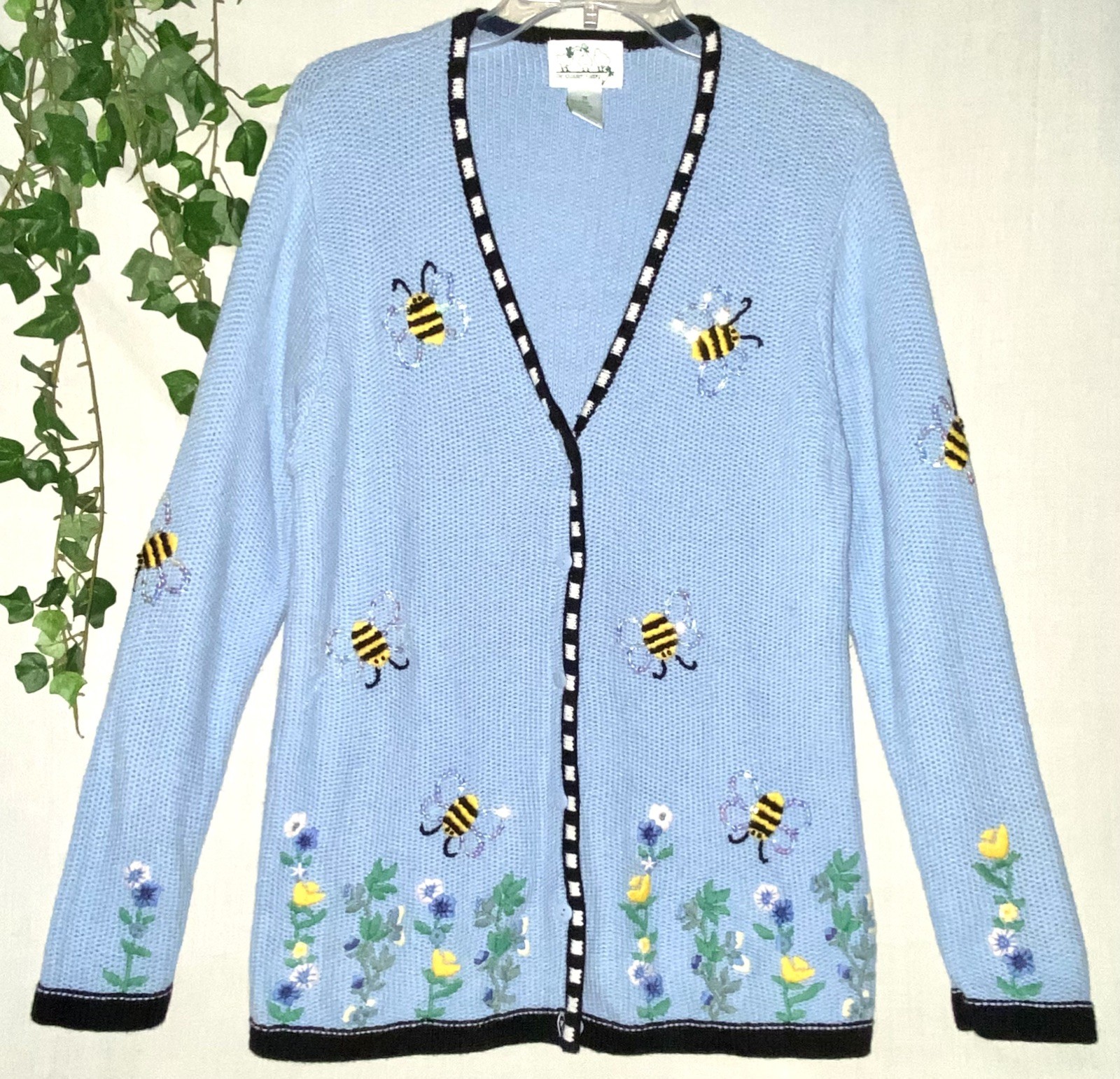VTG Y2K Quacker Factory Light Blue Flowers Bees Cotton CottageCore Cardigan Sz M