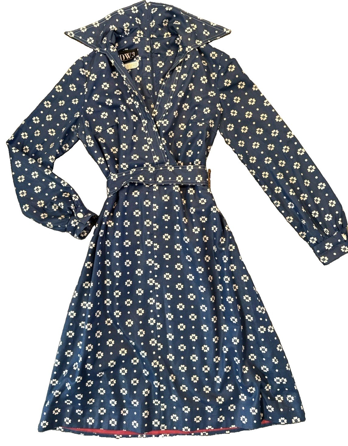 Vintage 1970s DW3 David Warren Collared Dress Navy & White Floral Belted Sz S/M
