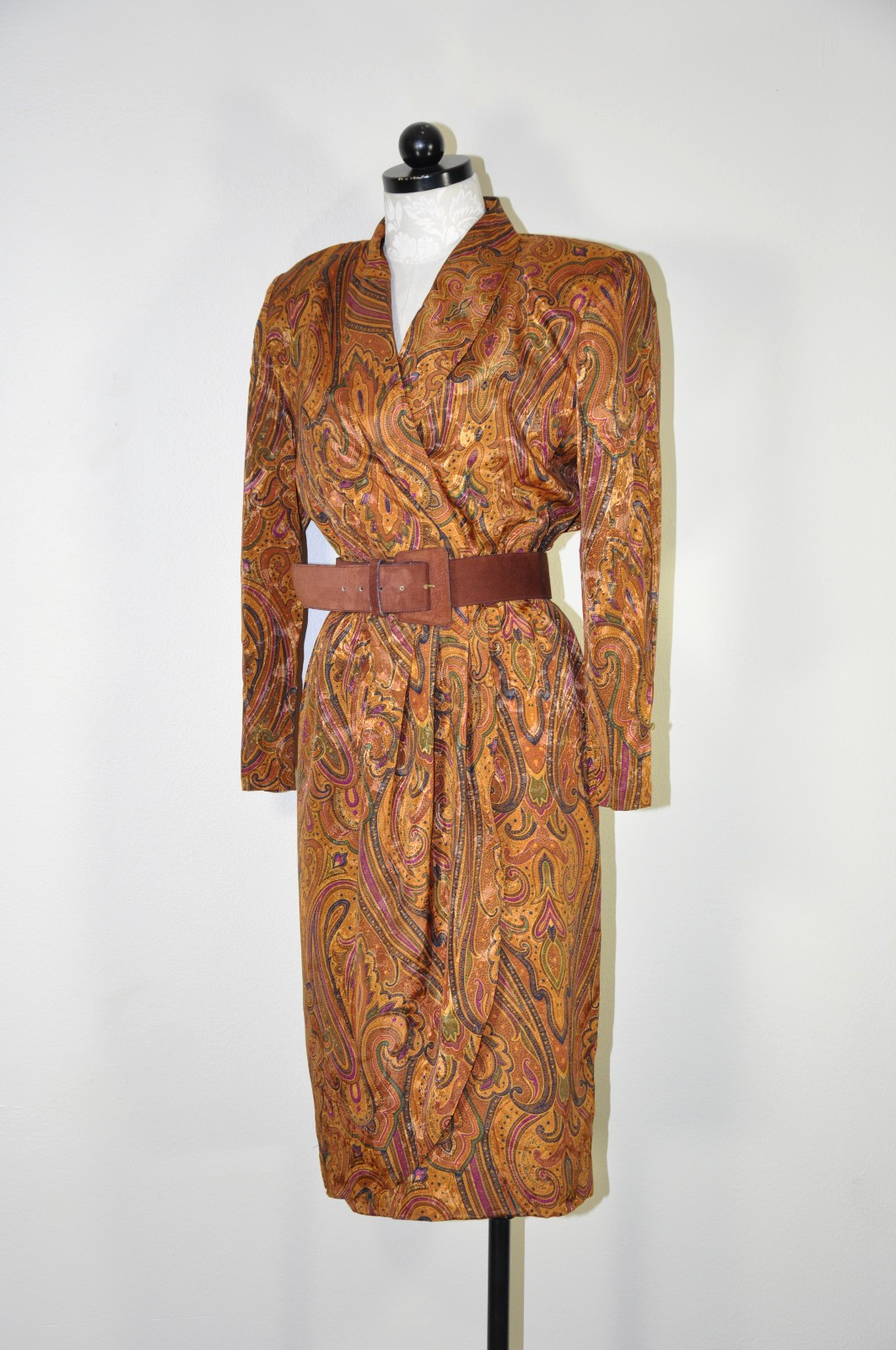 80s Vintage Spice Brown Silky Charmeuse Paisley Strong Shoulder Dress Women S M