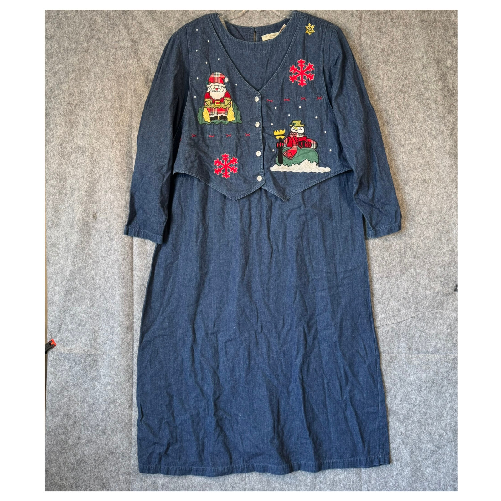 Vtg Christmas Denim Vest Dress Maxi Embroidery Teacher Womens 20W 90s