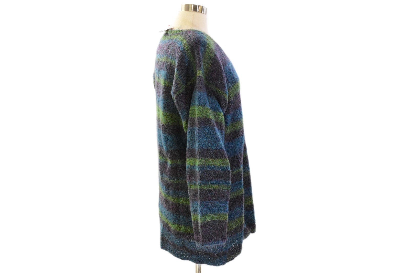 80s Vintage Oversized Tunic Mohair Sweater Womens S Striped Blue Green Boho