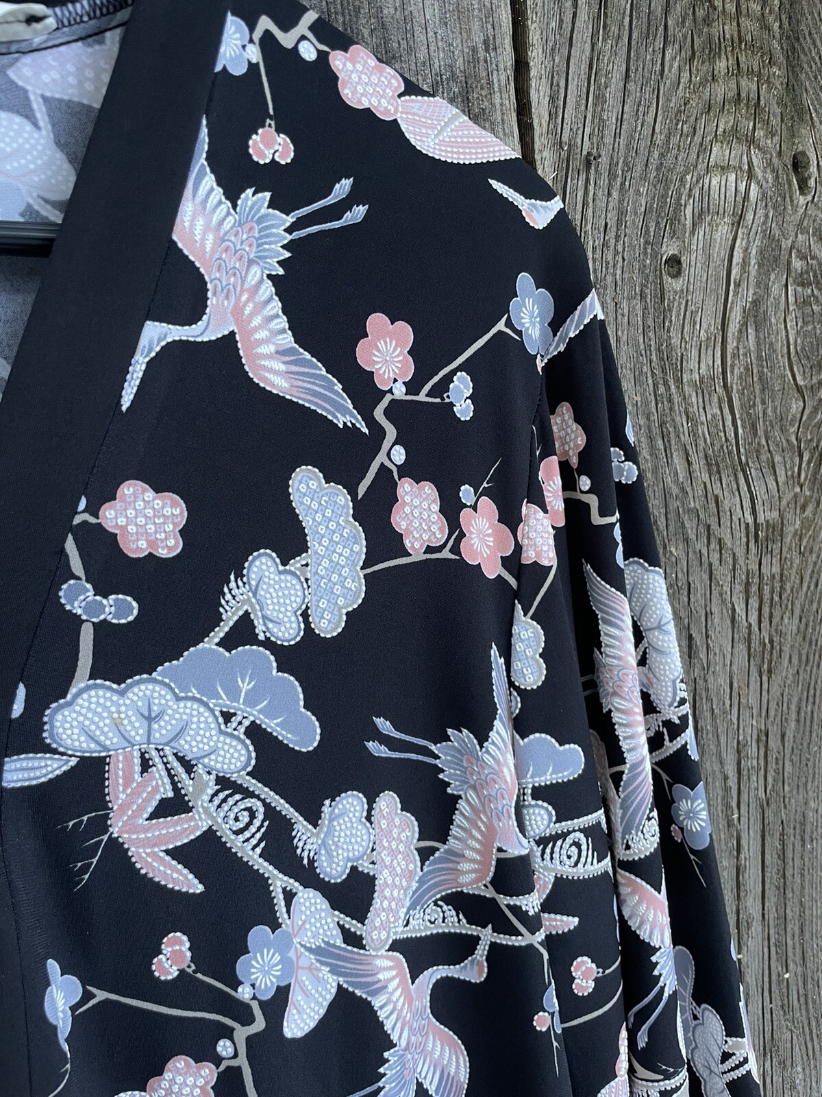 Diamond Tea Robe Kaftan House Coat Dress L Large Canada Cranes Embossed Black