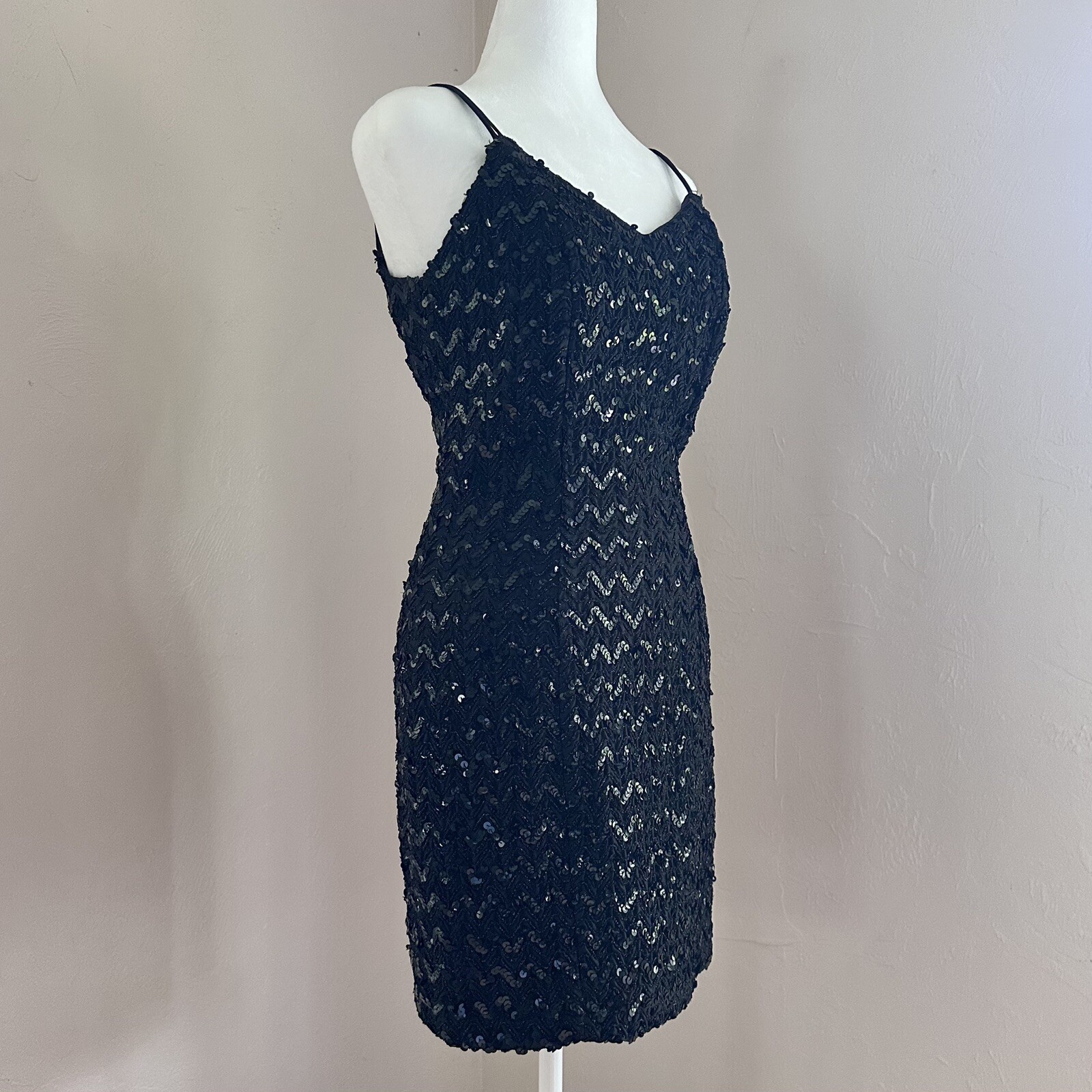 Vintage 1960s Low Back Sequin Black Mini Dress w/ Double Spaghetti Straps