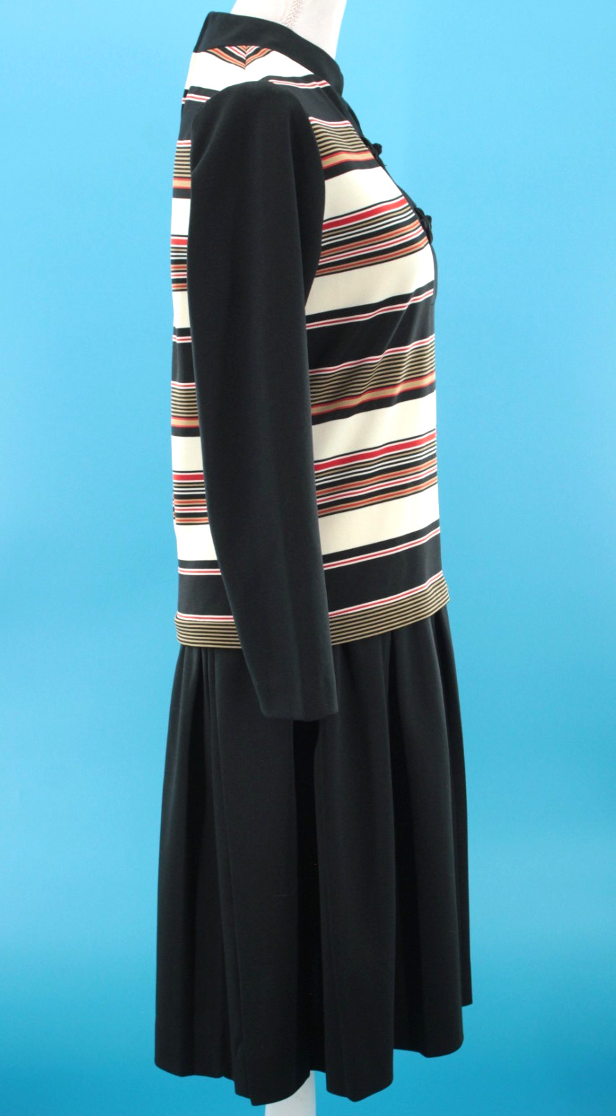 VTG Women’s 60s Black Cream & Red Striped Drop Waist Midi Dress Sz M 1960s