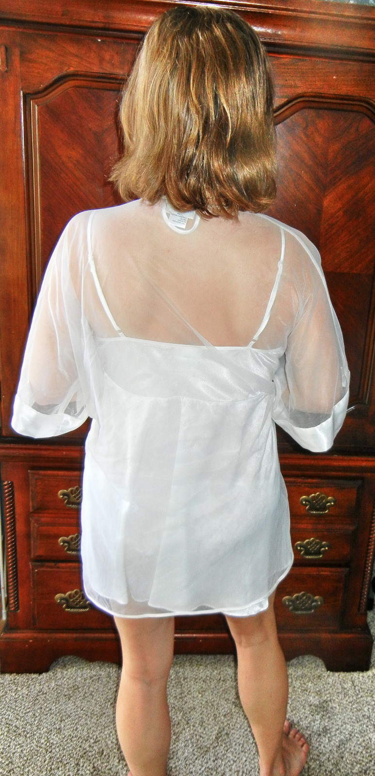 BEYOND SEXY! INTIMO AMORE BRIDAL WHITE CHIFFON ROBE&SATIN NIGHTGOWN SET S M EUC