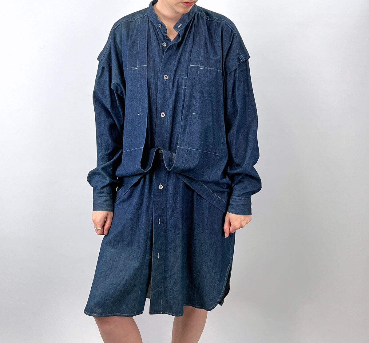 80s 90s Indigo Denim Coat Dress Issey Miyake Plantation OSFM Avant Garde