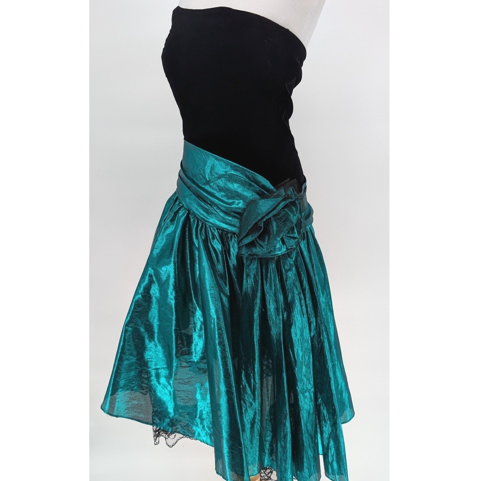 Vintage 80s Strapless Prom Dresses Teal Black Velvet Metallic Bow Glam Gowns