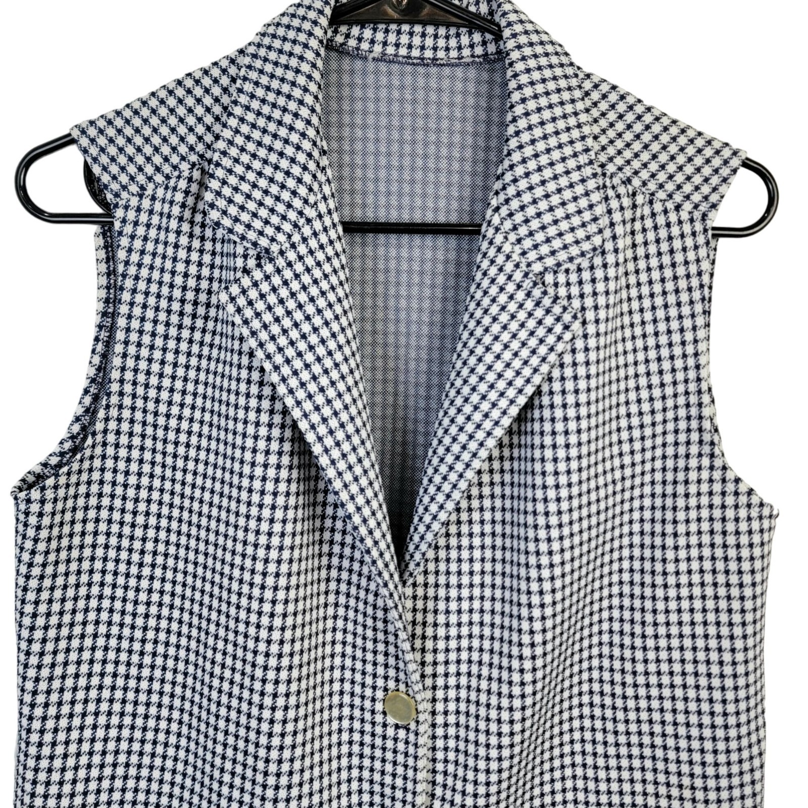 Vintage 70s Vest Jacket Women Medium 8 10 White Blue Top Collar Gingham Retro M