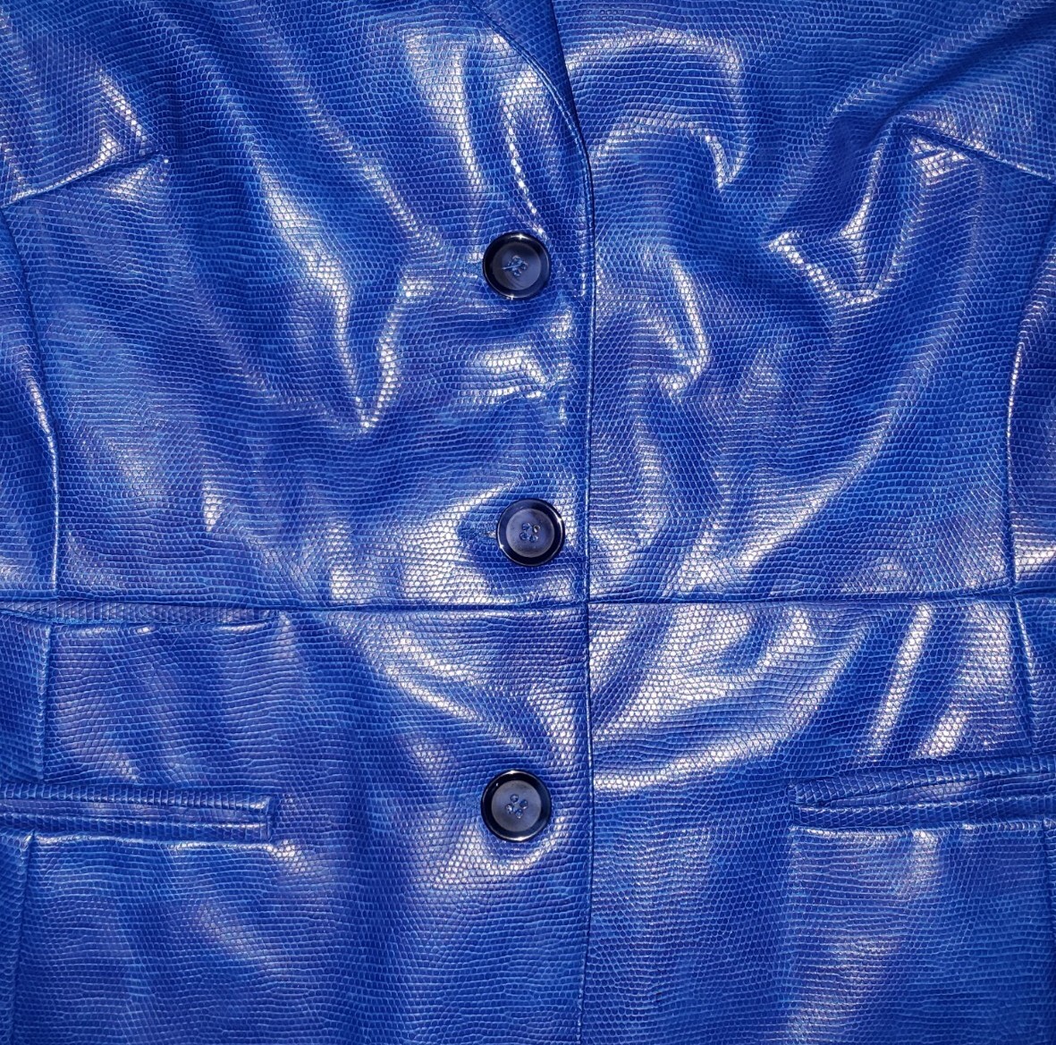 Vintage 90s Hugo Buscati Collection Blue Shiny Blazer Womens Jacket Polyurethane