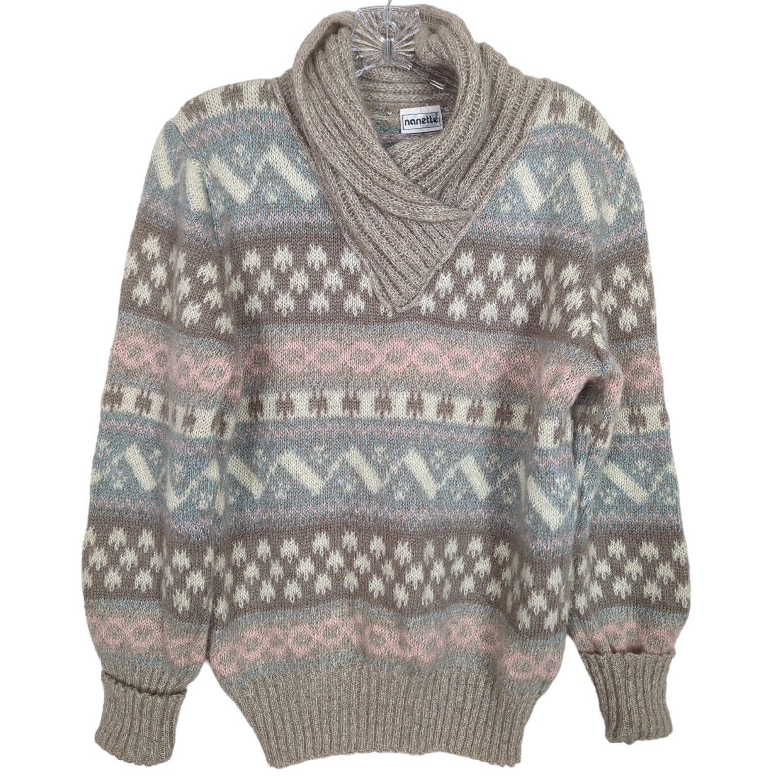 Vintage Nanette Women’s Fair Isle Sweater S/M Pastel Pattern Shawl Collar
