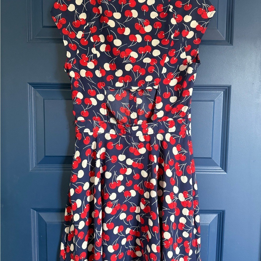 Retro inspired Red & White Cherry Print Navy Summer dress with Keyhole back. S